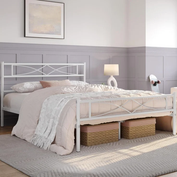 Yaheetech Metallbett 140x200 cm Bettrahmen mit Hohem Kopfteil Gästebett mit Lattenrost für Schlafzimmer Gästezimmer Viel Stauraum unter dem Bett Weiß