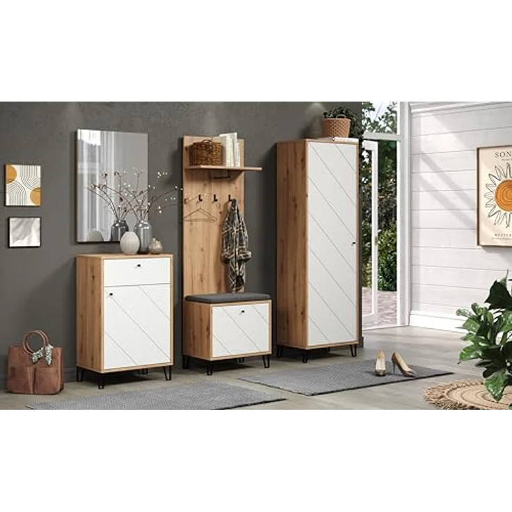 trendteam smart living - Touch - Sitzbank - Eiche/Weiß - Garderobenbank mit Platz für 4 Schuhpaare - Moderne Metallfüße - (BxHxT) 63 x 56 x 40 cm - Klappe mit Soft-Close Funktion - Rautenoptik – Bild 5