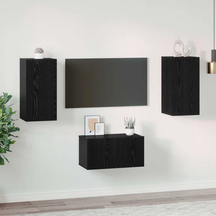 3 pcs TV-Schrank, Lowboard TV Schwarz Eichen-Optik Holzwerkstoff