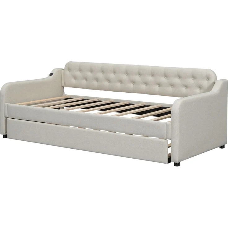 Schlafsofa 90x200 cm Tagesbett ausziehbar mit Rollbett,USB-Anschluss,mit Schlafgelegenheit, multifunktionales Gästebett,Beige – Bild 9