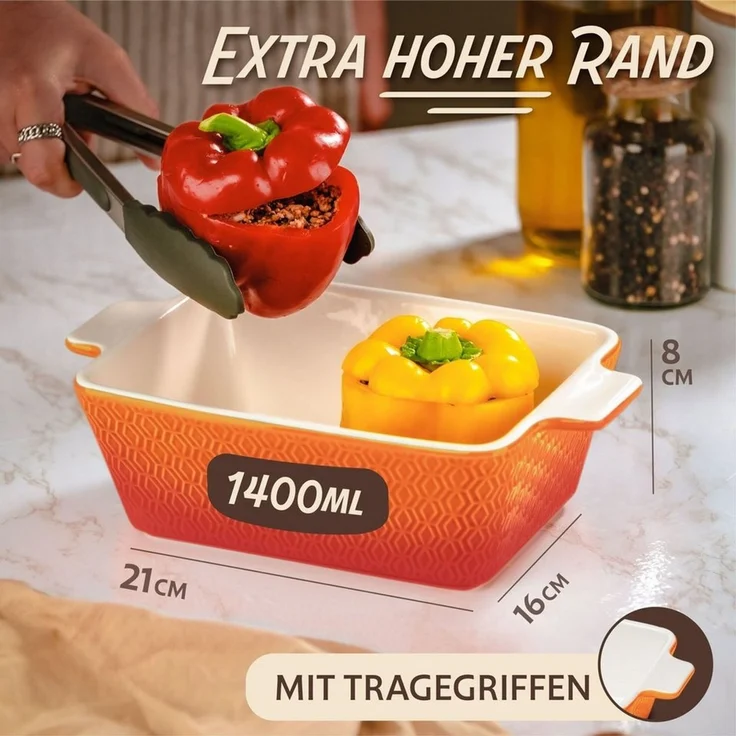 Praknu Auflaufform Auflaufform Keramik für 2 Personen - Extra Hoher Rand - Für Lasagne, Porzellan - Keramik, (1-St), Für 2 Personen Lasagne, Tiramisu & Auflauf - Hoher Rand - Eckig – Bild 3
