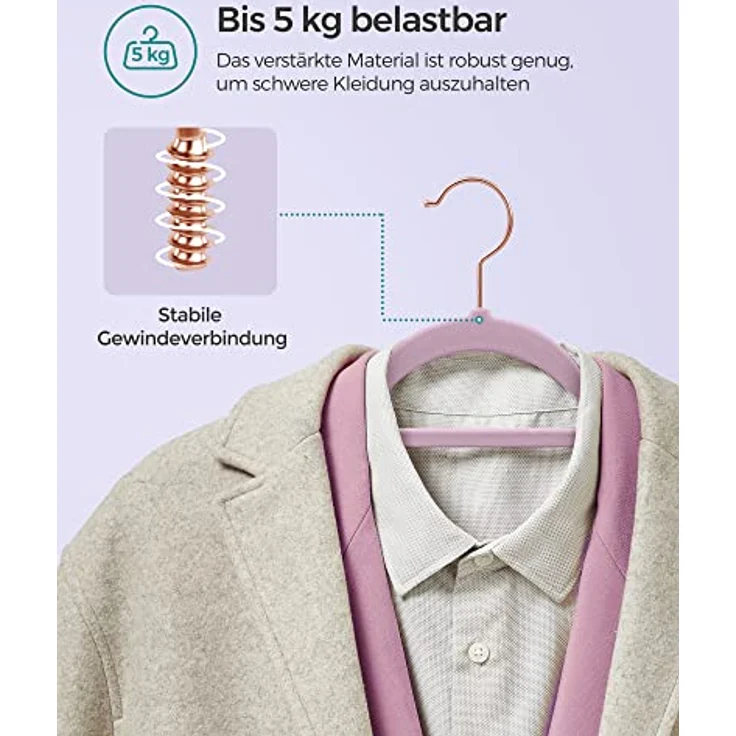 SONGMICS Kleiderbügel Samt, 50er Set, rutschfest, platzsparend | Bügel, 43,5 cm lang, 0,6 cm dick, kleine Stange für Krawatten, 360° drehbarer, Lila + Roségold ,BREANNA Kollektion CRF021GP50 – Bild 4