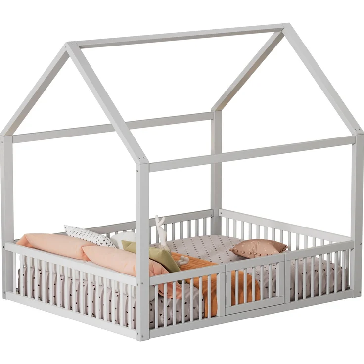 Merax 140*200cm Massivholzbett, Doppelbett, Flachbett, Hausbett, Hausbett mit Türchen, weiß – Bild 5