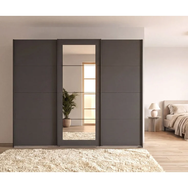 Schwebetürenschrank 3-trg Kleiderschrank 270 cm in Grafit Spiegel Griffe schwarz – Bild 3