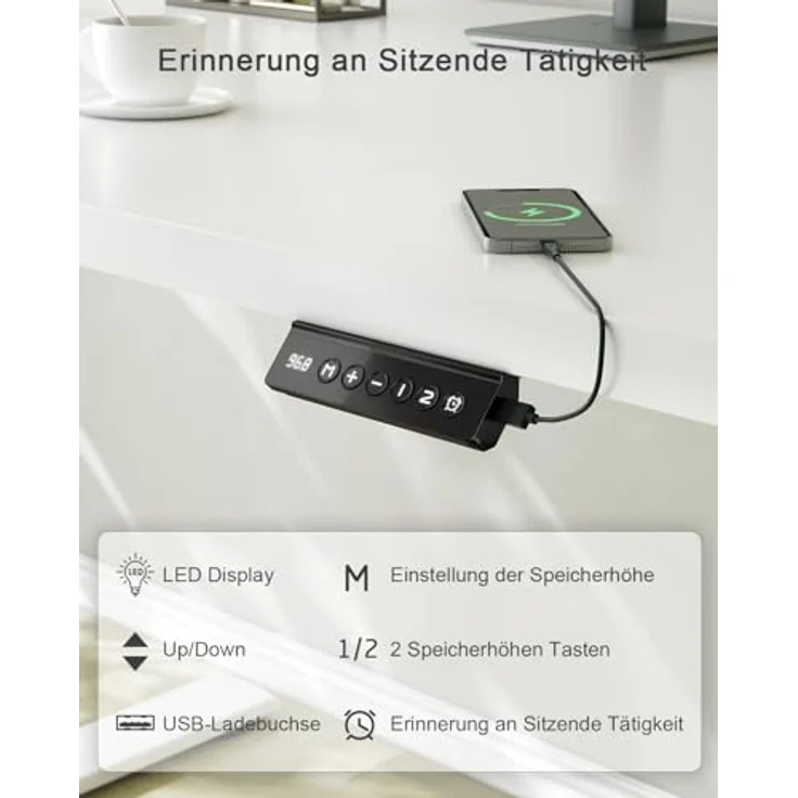 JUMMICO Höhenverstellbarer Schreibtisch mit USB-Ladeanschluss 110x53 cm, Schreibtisch Höhenverstellbar Elektrisch, Steh-Sitz Tisch Stehpult Verstellbarer Computertisch,Standing Desk, Weiß – Bild 6