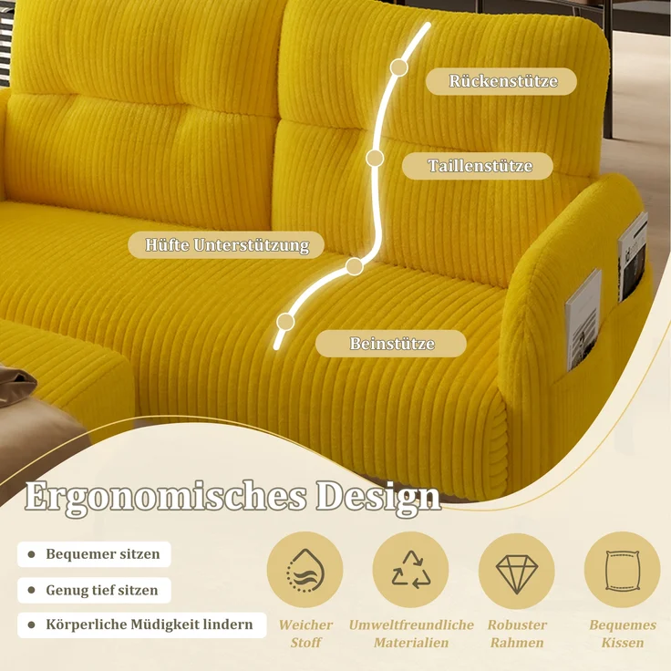 LVHOM 2-Sitzer Sofa mit Metallsockel, Doppelsofa Cordstoff mit Seitentaschen, Polstersofa Stoffsofa Sitzmöbel Loungesofa, 120x79x75cm – Bild 5