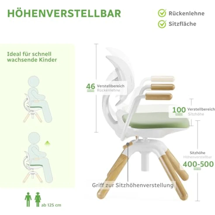 HOKO Kinderstuhl Höhenverstellbarer, mitwachsender Kinder Stuhl (Ergo Study Kid Kinder Schreibtisch Stuhl, Sitz und Rücken separat verstellbar. Ergonomisches Sitzen für Kinder, 1 St) – Bild 4