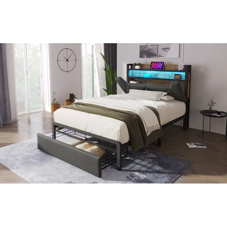 Polsterbett Leinen mit Stauraum-Kopfteil, LED & USB-Anschluss, Schublade, 91x217x110 cm, Grau, ohne Matratze – Bild 9