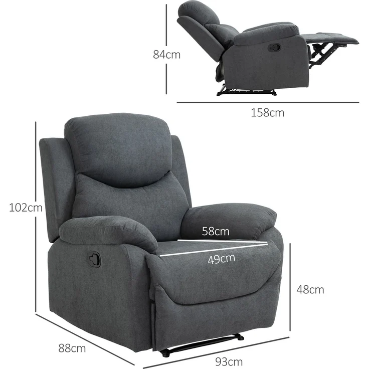 Wohnora-Relaxsessel Lesesessel Liegefunktion, 150° neigbar, Leinenoptik, Dunkelgrau,H 1020cm x T 930cm x B 880cm – Bild 4