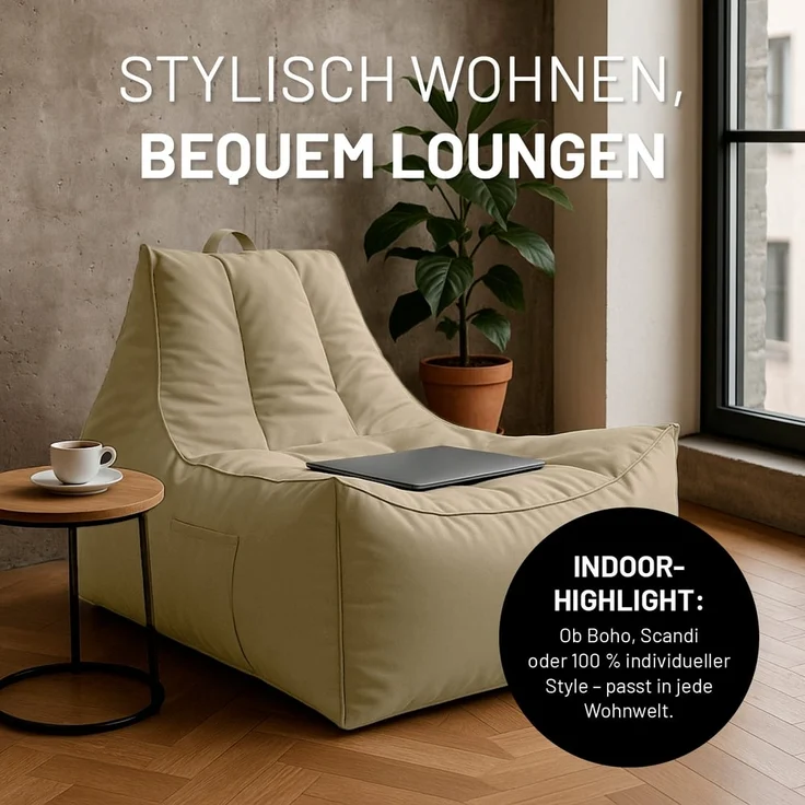Lumaland Sitzsack Sitzsack-Lounge In-& Outdoor 380l beige, mit Flaschenhalter – Bild 6