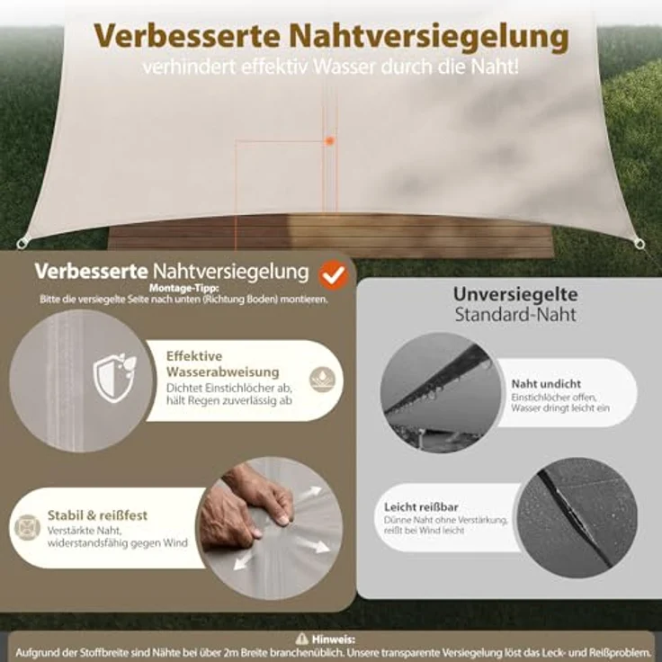 Sekey Sonnensegel Wasserdicht 3x3 m Quadratisch, Sonnenschutz hochdichtes PES 160g/m² Wetterfest & Reißfest, Nahtversiegelung (Zuverlässig Dicht) & 95% UV Schutz, für Balkon Terrasse Garten, Taupe – Bild 4