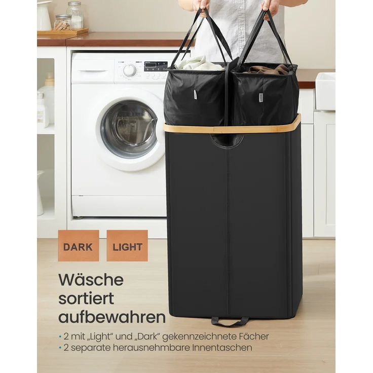 SONGMICS Wäschekorb 2 Fächer, Wäschesammler, 150 Liter, Wäschesortierer mit Deckel, Wäschetonne, Wäschesäcke herausnehmbar, für Waschküche, Schlafzimmer, Wohnzimmer, tintenschwarz-naturbeige – Bild 4