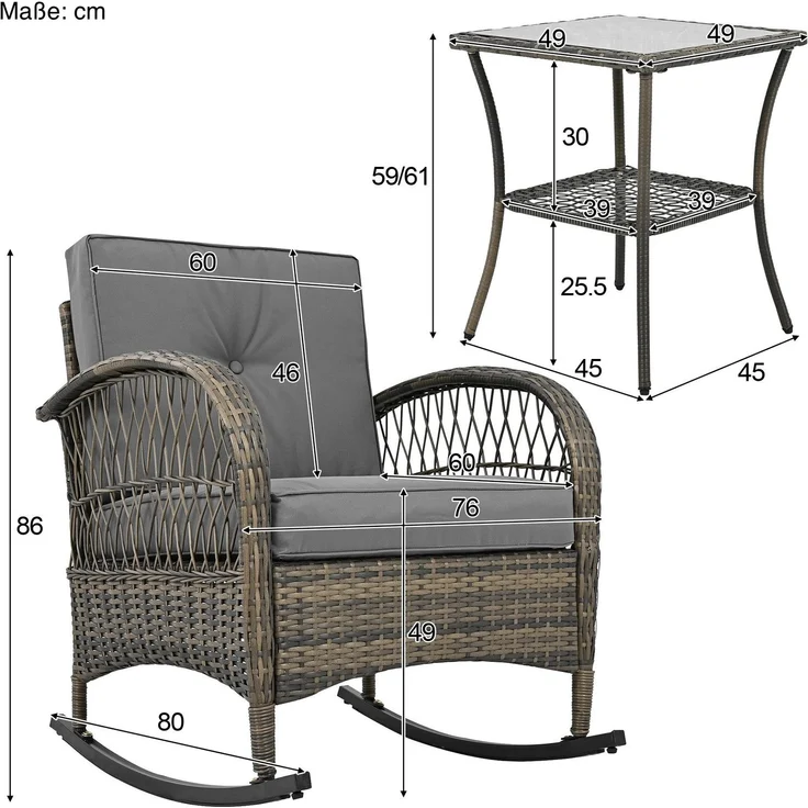 Balkonset mit 1 quadratischem Glastisch und 2 Schaukelstühlen, 3-tlg, Loungeset, Gartenmöbel, Metallrahmen, Polyrattan – Bild 5