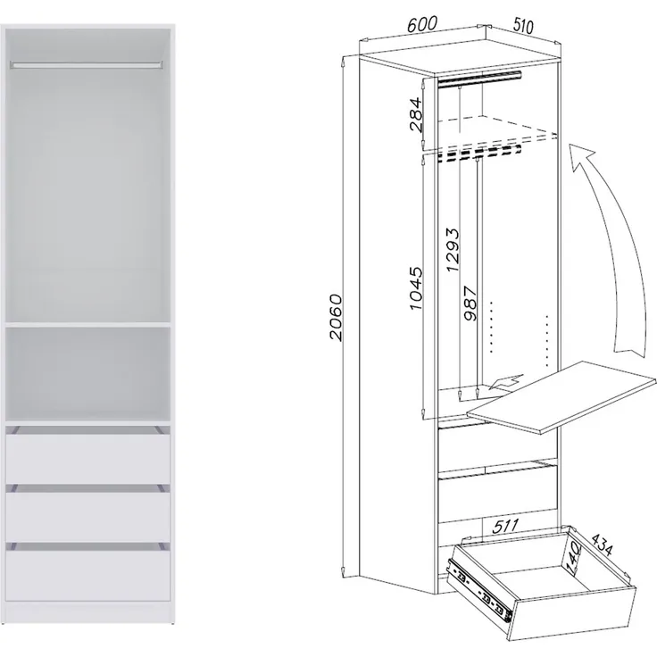 Marmex Möbel Tres Set-S/N (B) großer Eckkleiderschrank, Begehbarer Kleiderschrank offen mit Aufsatz, modularer Kleiderschrank mit Kleiderstangen, Einlegeböden für Kleidung, Schuhe, laminierte Spanplatte, weiß 271/160x246x51 cm – Bild 5