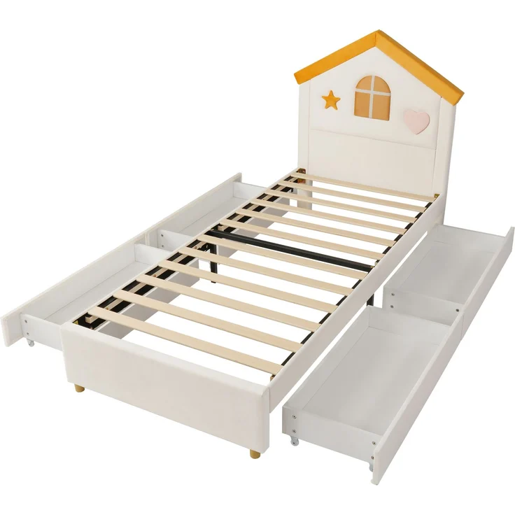 Merax Kinderbett, 90x200 cm, Polsterbett, mit 4 Schubladen, Stauraumbett für Kinderzimmer, Jugendbett mit französischem Samt, gepolstertes Bett mit Haus-Kopfteil, Beige – Bild 9