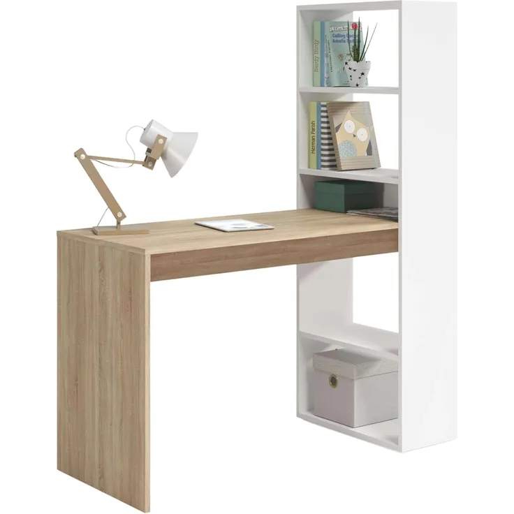 Wendbarer Schreibtisch mit Bücherregal mit fünf Regalen, Farbe Weiß und Eiche, Maße 120 x 144 x 53 cm