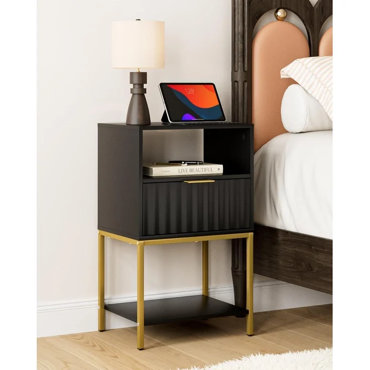HEYZOEY Nachttisch 3-Tier Schwarz Goldrahmen Endtisch Fernsehtisch – Bild 1