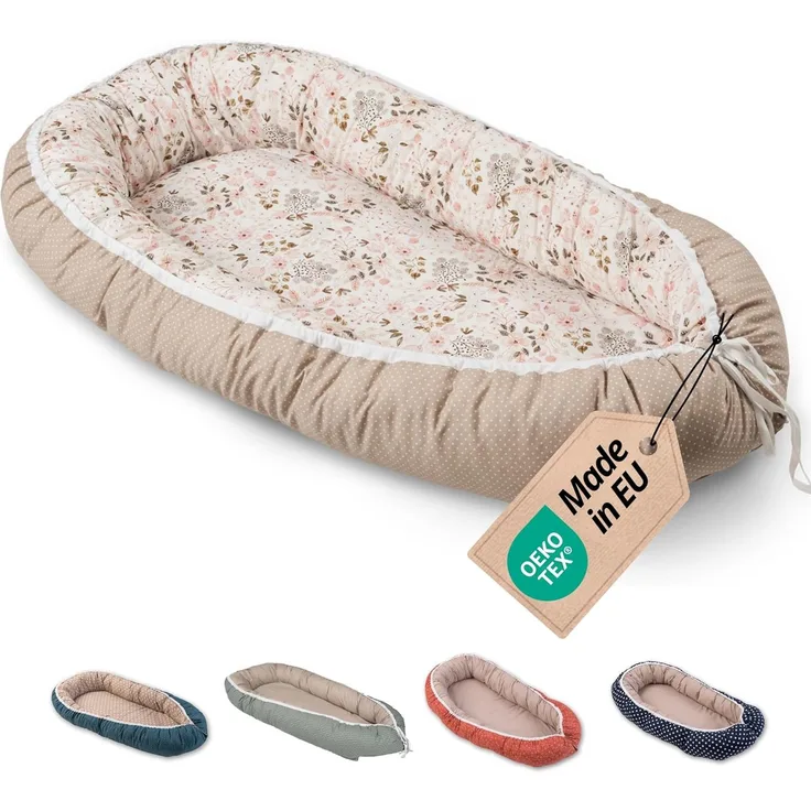 ULLENBOOM® Babynest aus OEKO-TEX Materialien & Made in EU, Rosa Blüten - Babynestchen Neugeborene aus kuscheliger Baumwolle, Als Reisebett, Kuschelnest & Kuschelbett geeignet