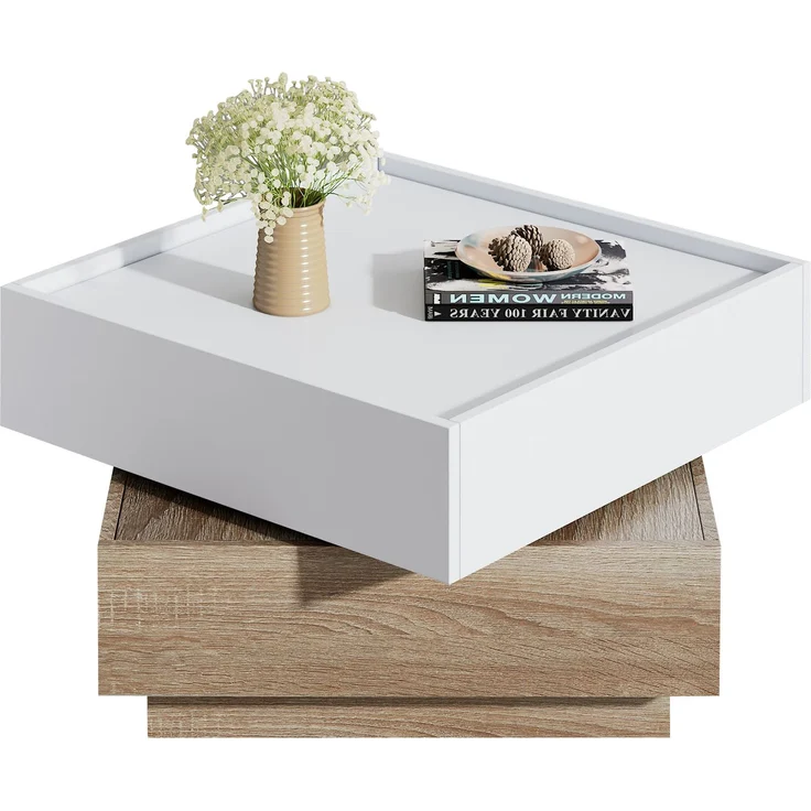 Merax Funktionaler Couchtisch für das Wohnzimmer, 360° drehbar, drehbare Tischplatte mit 2 Ablagen und Stauraum, Gestell Wohnzimmerbeistelltisch, 60*60*38 cm, weiß+walnuss – Bild 10