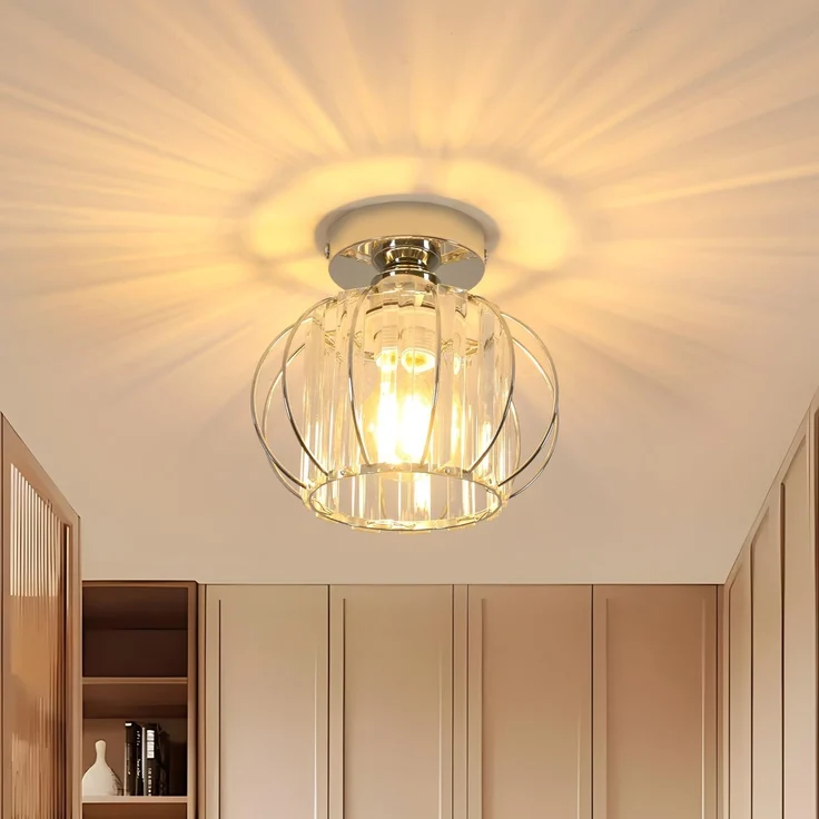 Goeco Deckenleuchte Vintage, Ø 19 cm Chrom Deckenlampe Kristall mit Glaskugel Lampenschirm, E27 Deckenleuchte Vintage Industrie für Eingang Flur Schlafzimmer Wohnzimmer, Glühbirnen nicht enthalten