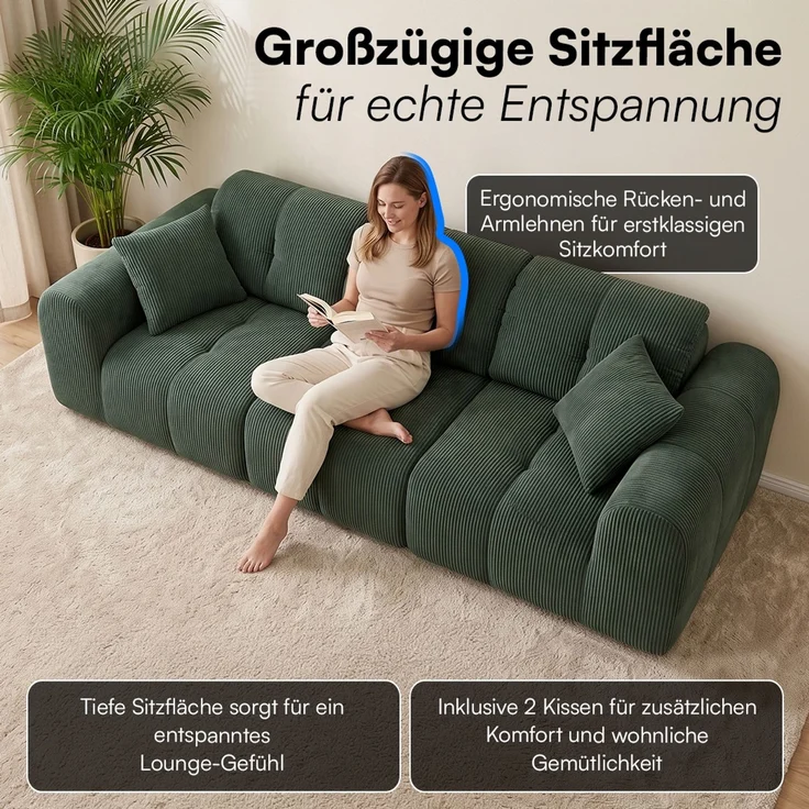 skølm 'Vanaheim' Sofa 3 Sitzer mit 2 Kissen, Cloud Sofa dunkelgrün, Cord, Vollschaumcouch mit Federkern und Vakuum-Kompression, kein Aufbau erforderlich – Bild 7