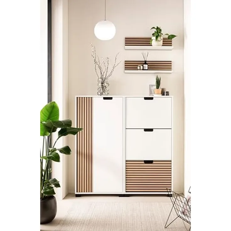 Schildmeyer Flurmöbel-Set Ryker 702065, Schuhschrank, Highboard, Regal, Mattweiß/Akustikpaneel Optik