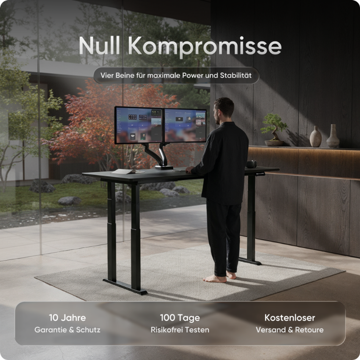DESKSPACE Höhenverstellbarer Schreibtisch elektrisch mit leisem Dual-Motor – stabiles 4-Bein-Gestell (Schwarzes Gestell, Schwarz Tischplatte, 120×60 cm) – Bild 2