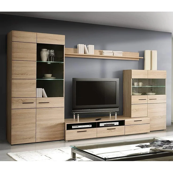 FORTE Combino Wohnwand mit 2 Türen, 3 Glastüren und 2 Schubladen, Holzwerkstoff, Sonoma Eiche/ Denver Eiche / Wenge, 197 x 330 x 52 cm – Bild 3