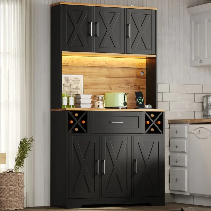 Küchenschrank, hoher Stauraumschrank mit LED-Beleuchtung, Vorratsschrank mit Weinregalen, Weinschrank & Vitrinenschrank für Wohnzimmer und Esszimmer, 180 × 105 × 40 cm--Natur1 + Schwarz--105x40x180cm--YOUDENOVA