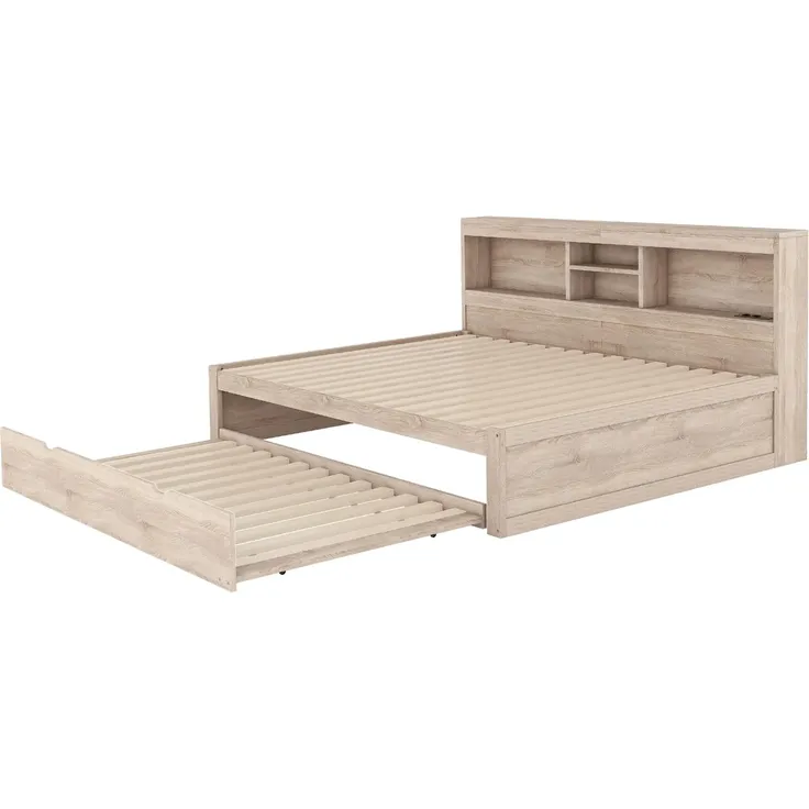Massivholzbett mit Gästebett, 140x200 cm, Doppelbett mit LED-Beleuchtung, Mehrfachsteckdose und Lattenrost, Jugendbett – Bild 4