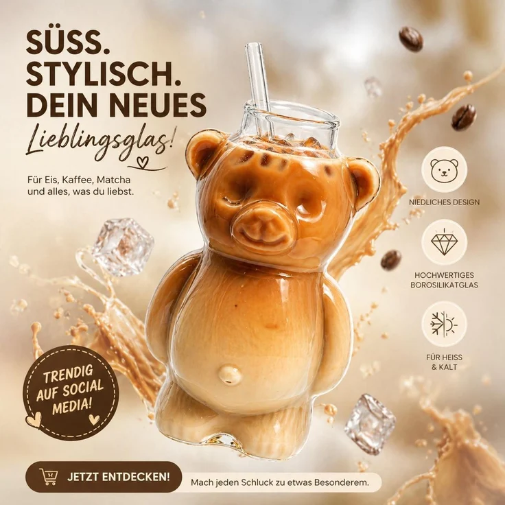 Bärenglas mit Strohhalm 340ml, Süßer Glas Becher in Bärenform, Eiskaffee Becher, Matcha Glas, Cocktailglas - Trinkglas Kawaii Design Geschenkidee – Bild 3