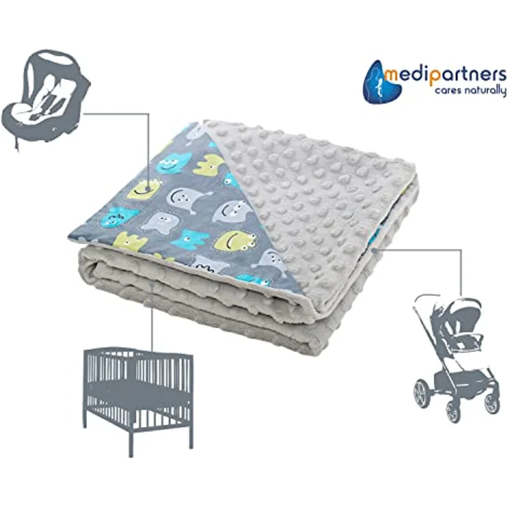 Medi Partners Babydecke Baby Decke Neugeborenen - Kuscheldecke Geschenk Babydecken 75x100cm für Kleinkinder Mädchen Krabbeldecke Kinderbett Kinderwagen 100% Baumwolle (Kreaturen mit grauem Minky) – Bild 5