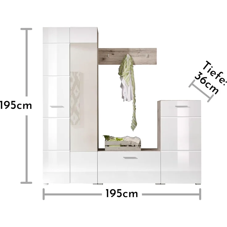 Stella Trading Sixx Flurgarderoben Set in Weiß Hochglanz/Sandeiche Optik - Moderne Kompaktgarderobe 4-teilig für Ihren Eingangsbereich - 195 x 195 x 36 cm (B/H/T) – Bild 3