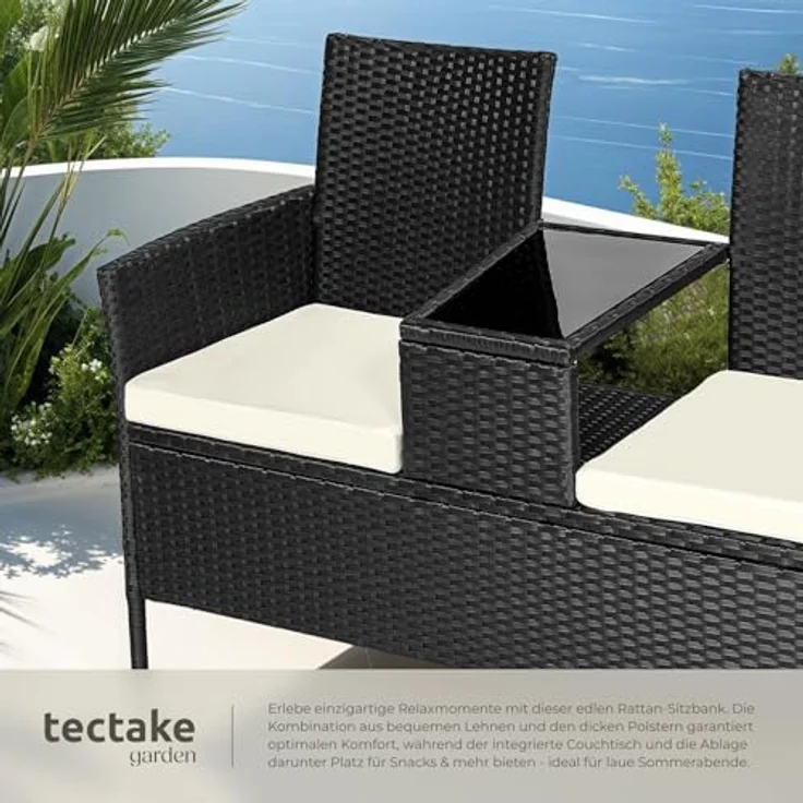 tectake 404557 Poly Rattan Gartenbank mit Tisch, 2-Sitzer Bank, 131 x 61 x 82 cm, Sitzbank für Garten Balkon und Terrasse, Gartensitzbank inkl. Sitzkissen, schwarz-beige – Bild 5