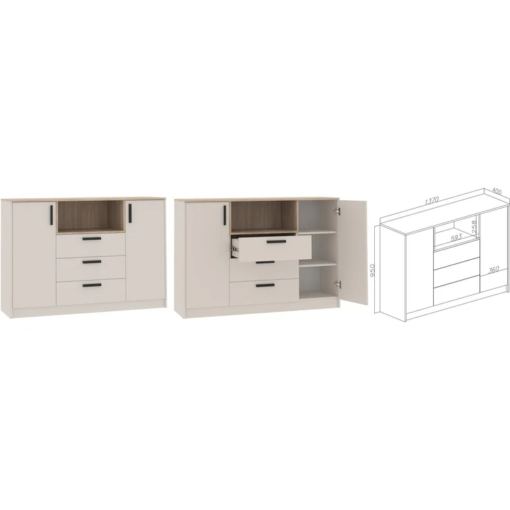 Marmex Möbel Grant Set-29C Jugendmöbel Kombi Schreibtisch Standregal Kommode, laminierte Spanplatte, graubeige cashmere+cremona torro 314x195x52,5 cm – Bild 3