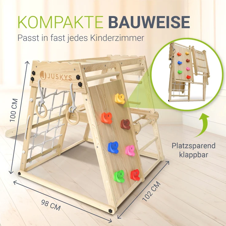Juskys Mini Klettergerüst mit Rutsche, Kletterwand, Kletternetz & Turnringe, klappbar, Holzwerkstoff natur, 105 x 100 x 100 cm – Bild 6