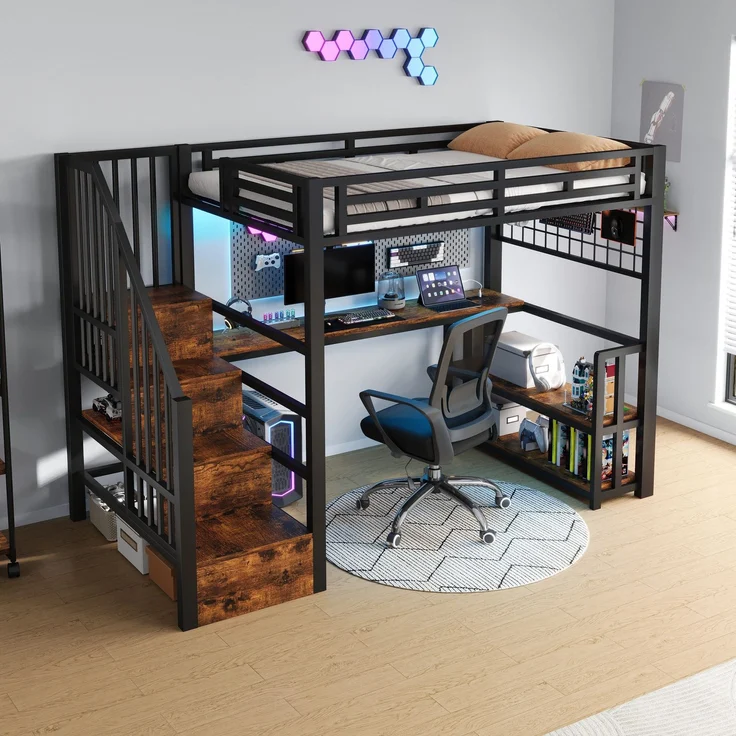 Hochbett mit RGB LED-Streifen, Schreibtisch, Treppe, Regal, Wandgitter, USB, Type-C, 90x200cm, Kinderbett, Metallbett – Bild 1