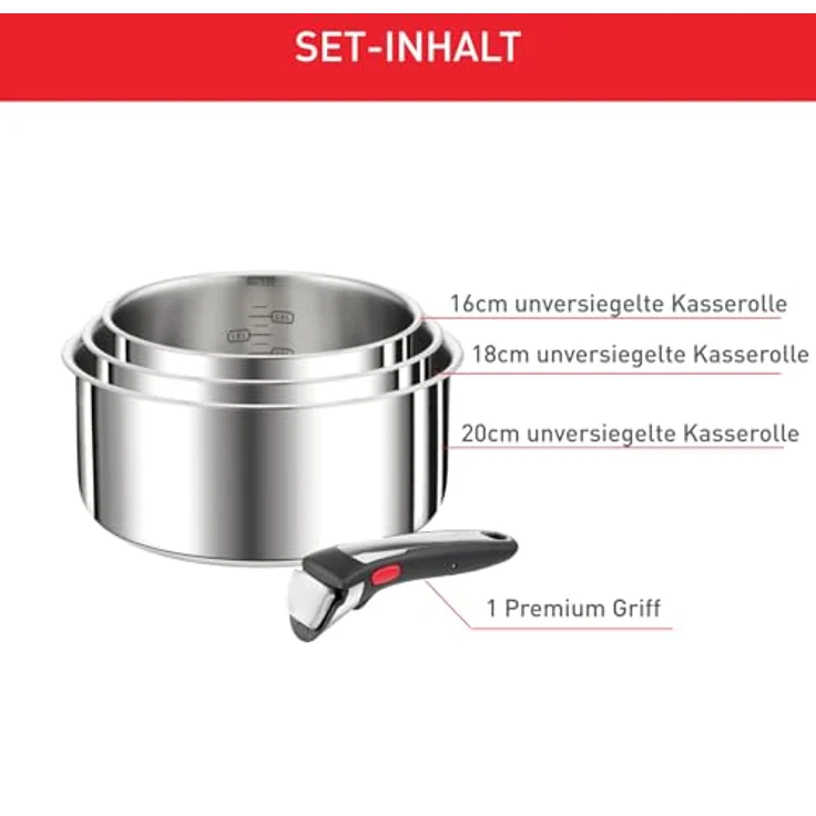 Tefal Ingenio Preference On 4-teiliges Kasserollenset, 16/18/20 cm, Topfset abnehmbarer Griff, Topfset Induktion stapelbar, platzsparend, einfache Handhabung und Reinigung, Edelstahl, L898S3 – Bild 4