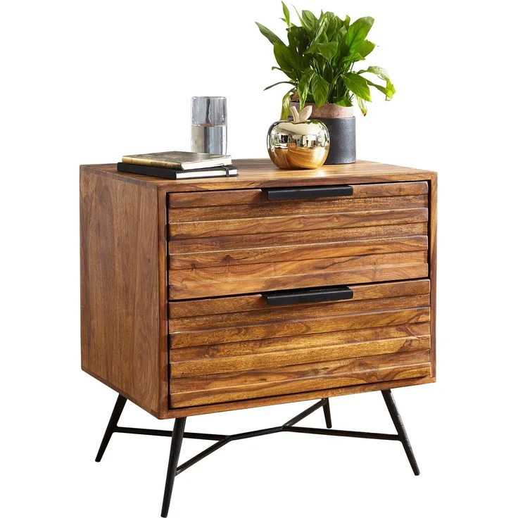 Wohnling Nachtkonsole Nasha 60 x 60 x 40 cm Sheesham Beistelltisch | Design Nachtkommode Boxspringbett | Nachttisch mit Schubladen | Beistellschrank mit Stauraum | Nachttischkästchen hoch