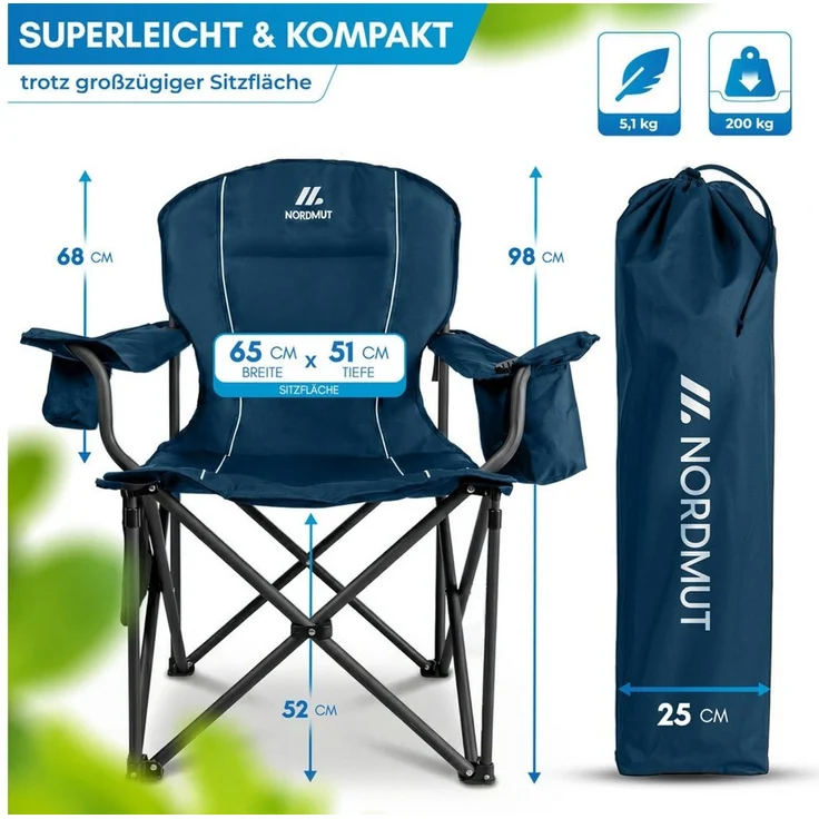 Nordmut Campingstuhl Klappstuhl faltbar, Outdoor Strand Angeln Garten, 200 kg, Armlehne (Spar-Set, 1 St), Kühltasche, Getränkehalter, breite Sitzfläche, gepolstert, wetterfest – Bild 2