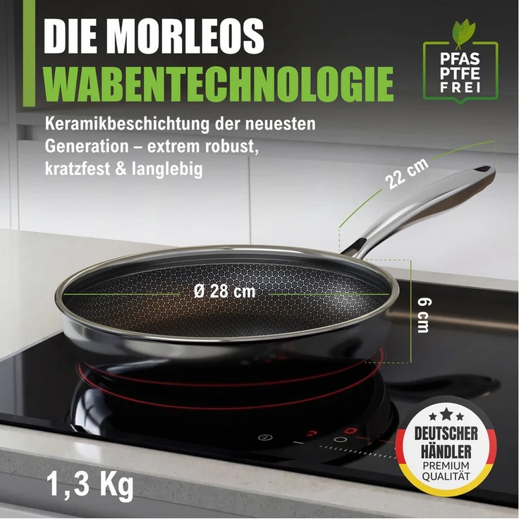Morleos Pro Performance 3.0 Keramik-Bratpfanne Ø 28 cm, kratzfest, antihaft, 5-Schicht Edelstahl, backofenfest, spülmaschinengeeignet