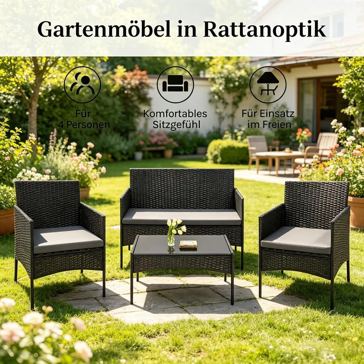 Gartentisch 71 x 41 x 39 cm mit 4-teiliger Sitzgruppe für 4 Personen, PE-Rattan und Glas, Schwarz – Bild 8