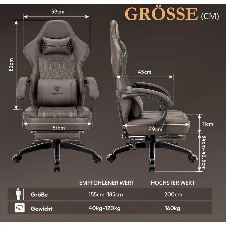 Gaming Stuhl mit Massage Lendenwirbelstütze, Fußstütze Braun PU Leder – Bild 2