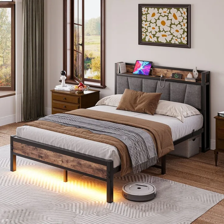 Homerecommend Metallbett mit 2 USB-Anschlüssen & RGB-LED Beleuchtung, Jugendbett Bettgestell 90x200 cm, robuster Stahlrahmen mit Stützstange & Mittelbeinen, rutschfeste Füße, Vintage-Design, Schwarz + Vintage Braun