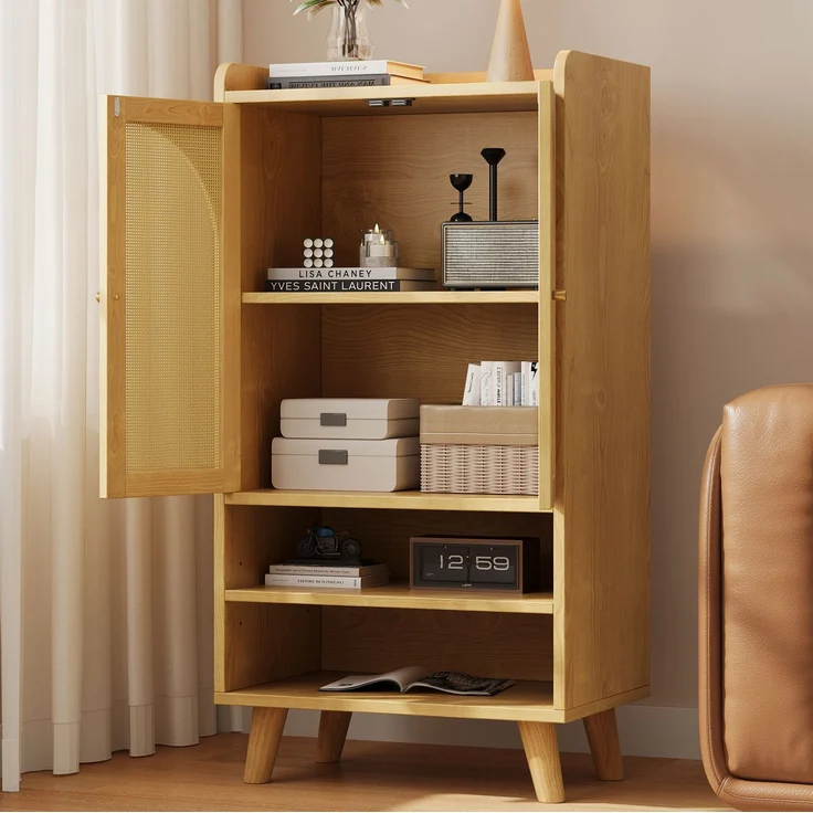 DESVIAE Sideboard mit 2 Rattantüren und offenen Fächern 60x121x40 cm Spanplatte Natur – Bild 3