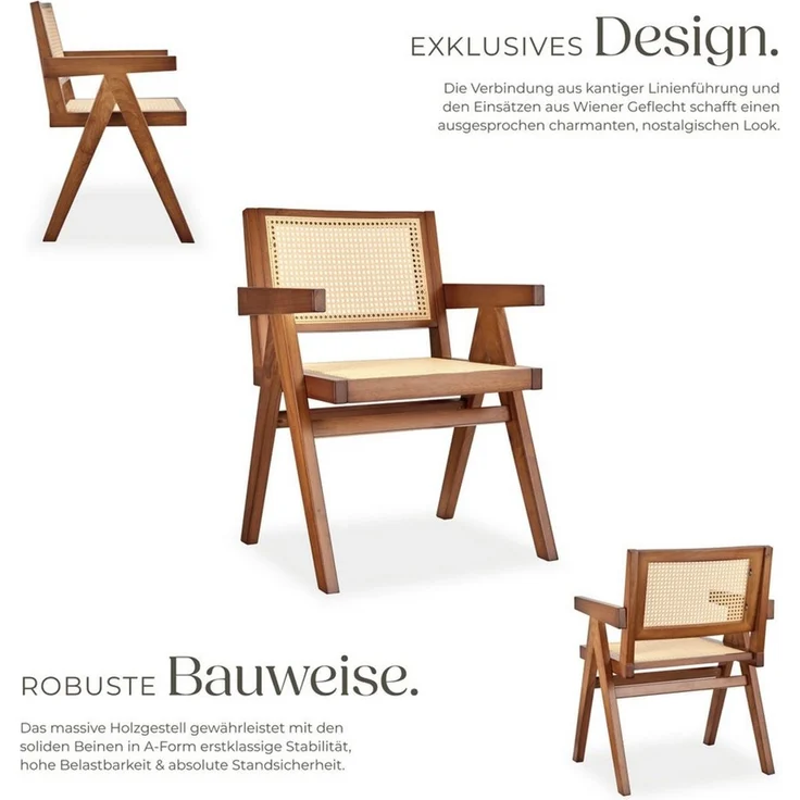 tectake Esszimmerstuhl Armlehnstuhl im Boho-Stil, 59 x 56,5 x 82,5 cm, Belastbarkeit 120 kg (Sessel Lissy in Eiche dunkel, 1 St), große Rückenlehne und Sitzfläche mit Wiener Geflecht, Holzgestell – Bild 3
