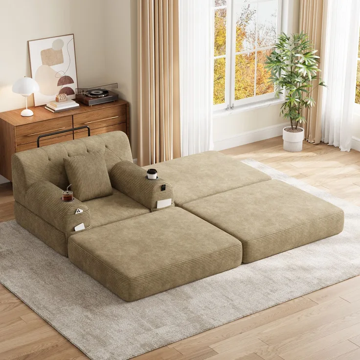 EINHOM 1-Sitzer Schlafsessel mit Hocker aus Cord, Komprimiertes Sofa mit Liegefunktion, Hoher Rückenlehne, Metallrahmen, Hochdichtem Schaumstoff, 2 Getränkehaltern, 4 Seitentaschen, Khaki