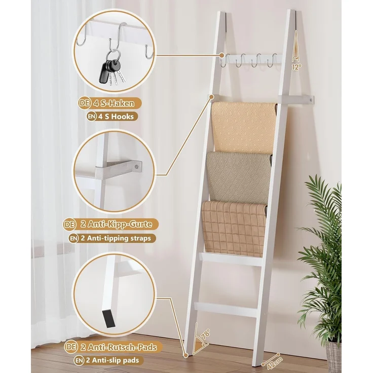 Yorbay Handtuchleiter Handtuchhalter Bambus, 6 Ebenen Leiterregal, 4 Haken und 2 Sicherheitsgurten, 43x170 cm, für Bad, Wohnzimmer – Bild 3
