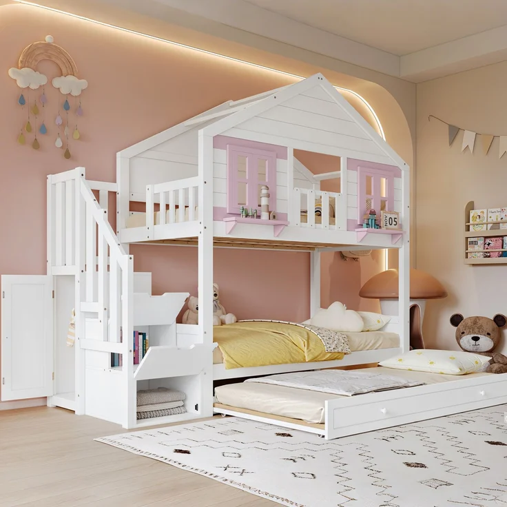 Merax Etagenbett, mit Rollbett, Kleideraufhängebereich, mit Fenster und Dach, Stabiler Lattenrost, Holz Weiß+Rosa, 90x200cm – Bild 3