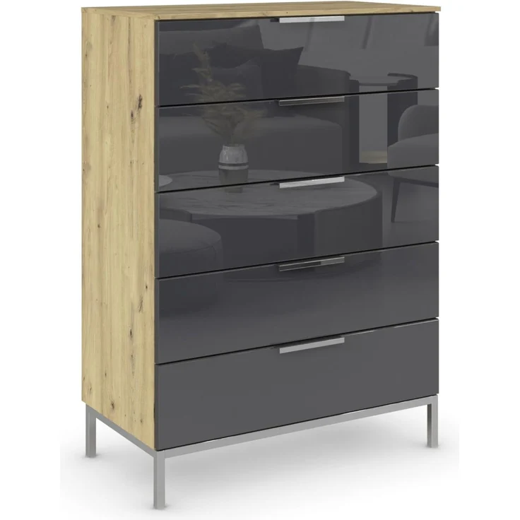 Rauch Möbel Flipp, Nachttisch für Schlafzimmer, Flur, Garderobe, 5 Schubladen, mit Softclose Funktion, Griffe und Metallkufe Chrom, Farbe Eiche Artisan, Holz/Glas Basalt, Schwarz, Breite 80 cm
